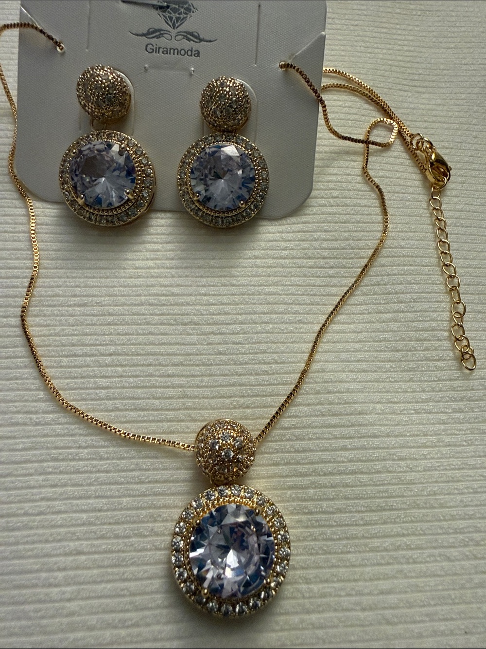 Gold-Tone Necklace & Earring Set with Clear Crystal Pendant
